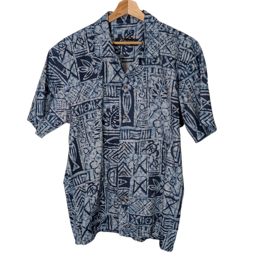 Favant Mens Blue White Tribal Batik Hawaiian Shirt 100% Cotton Turtle Fish Large